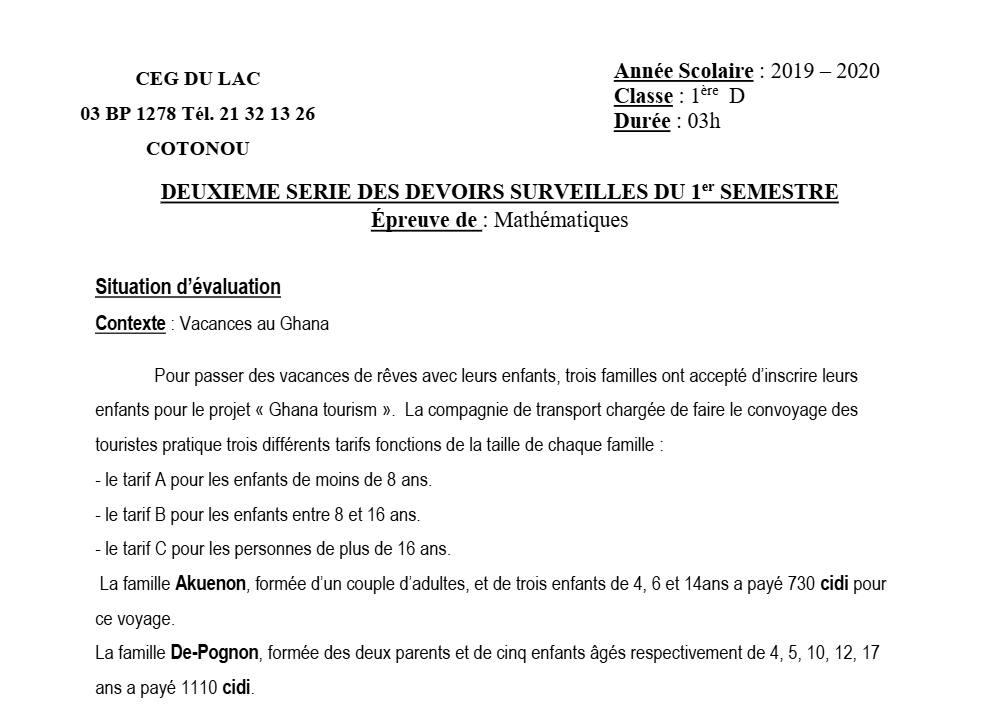Aperçu de la première page — 1ère D Mathématiques Devoir 2 Semestre 1 CEG du Lac 2019 2020