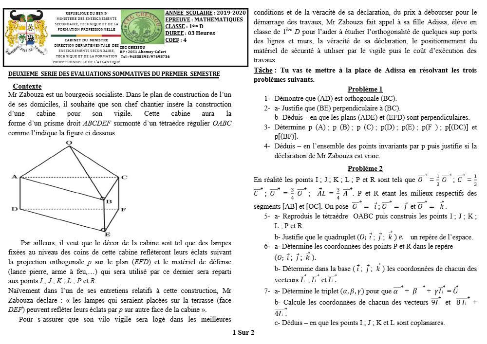 Aperçu de la première page — 1ère D Mathématiques Devoir 2 Semestre 1 CEG Gbessou 2019 2020