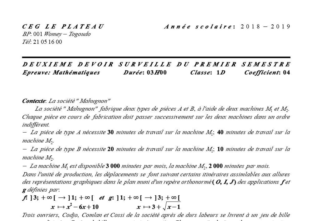 Aperçu de la première page — 1ère D Mathématiques Devoir 2 Semestre 1 CEG Le Plateau 2018 2019