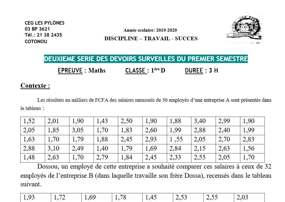 Aperçu de la première page — 1ère D Mathématiques Devoir 2 Semestre 1 CEG Les Pylônes 2019 2020