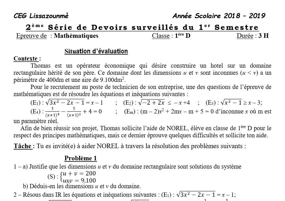 Aperçu de la première page — 1ère D Mathématiques Devoir 2 Semestre 1 CEG Lissazounme 2018 2019