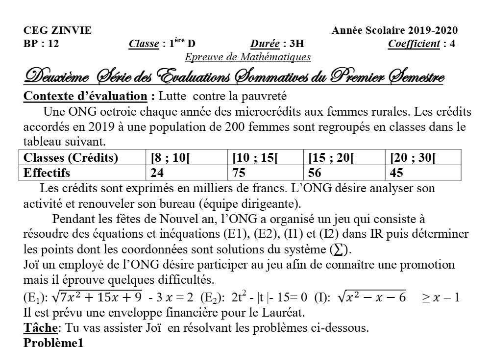 Aperçu de la première page — 1ère D Mathématiques Devoir 2 Semestre 1 CEG Zinvié 2019 2020