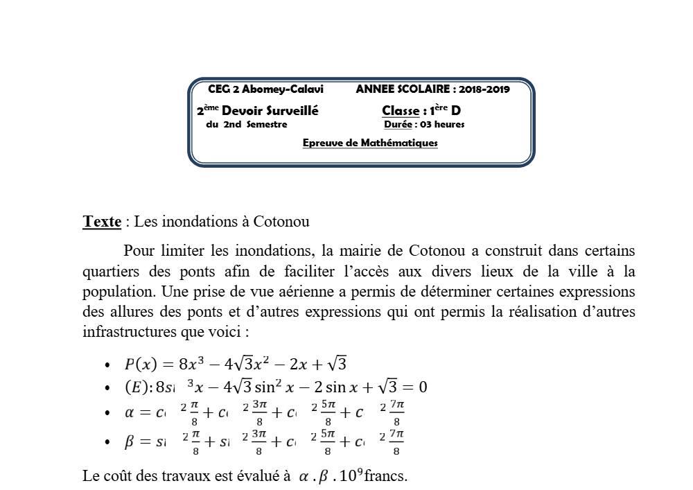 Aperçu de la première page — 1ère D Mathématiques Devoir 2 Semestre 2 CEG2 Abomey Calavi 2018 2019