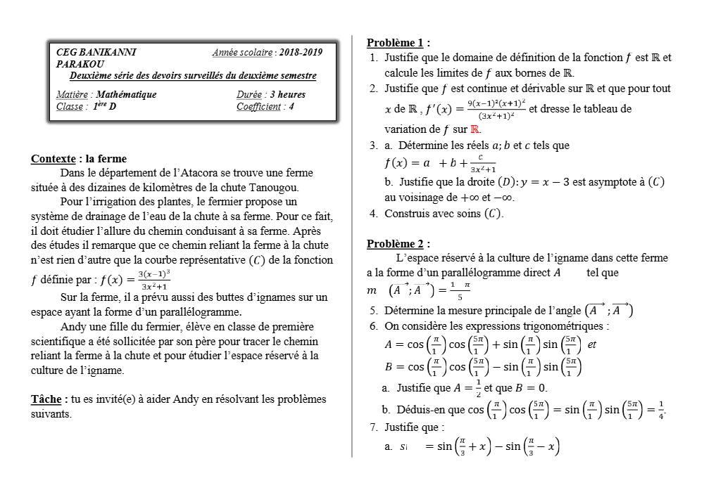 Aperçu de la première page — 1ère D Mathématiques Devoir 2 Semestre 2 CEG Banikanni 2018 2019