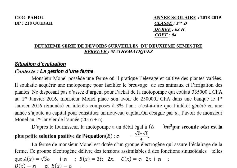 Aperçu de la première page — 1ère D Mathématiques Devoir 2 Semestre 2 CEG Pahou 2018 2019