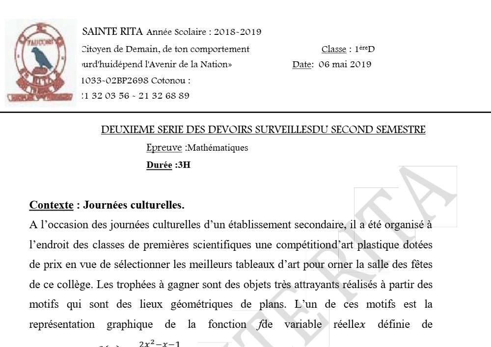 Aperçu de la première page — 1ère D Mathématiques Devoir 2 Semestre 2 CEG Sainte Rita 2018 2019