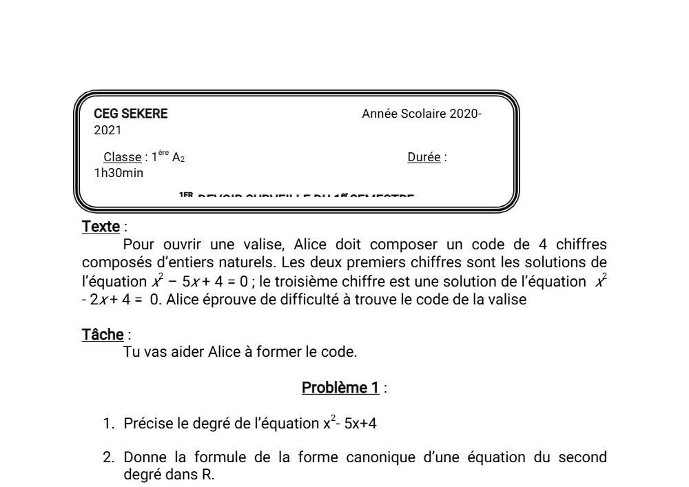 Aperçu de la première page — 1ère A Mathématiques Devoir 1 Semestre 1 CEG Sékéré 2020 2021