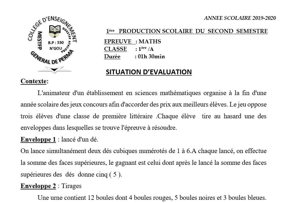 Aperçu de la première page — 1ère A Mathématiques Devoir 1 Semestre 2 CEG Perma 2019 2020