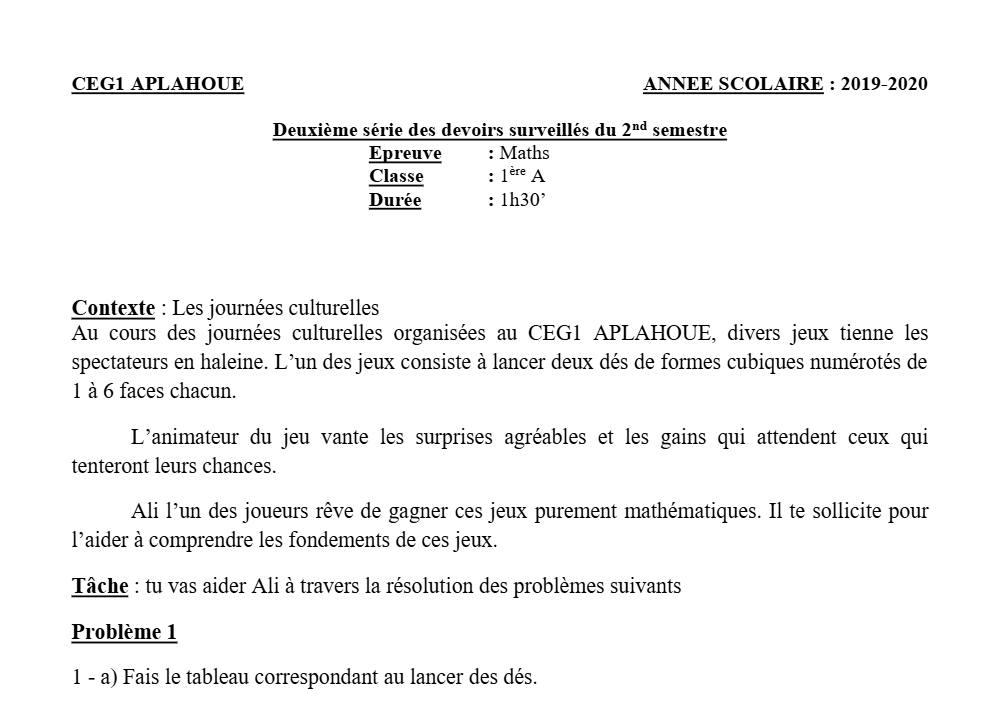 Aperçu de la première page — 1ère A Mathématiques Devoir 2 Semestre 2 CEG1 Aplahoué 2019 2020