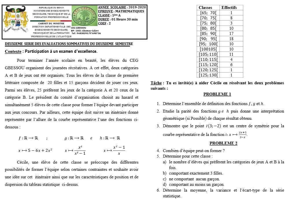 Aperçu de la première page — 1ère A Mathématiques Devoir 2 Semestre 2 CEG Gbessou 2019 2020
