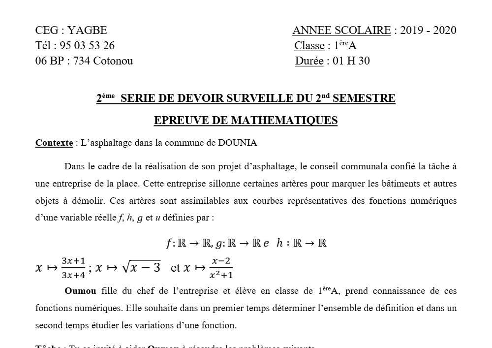 Aperçu de la première page — 1ère A Mathématiques Devoir 2 Semestre 2 CEG Yagbe 2019 2020