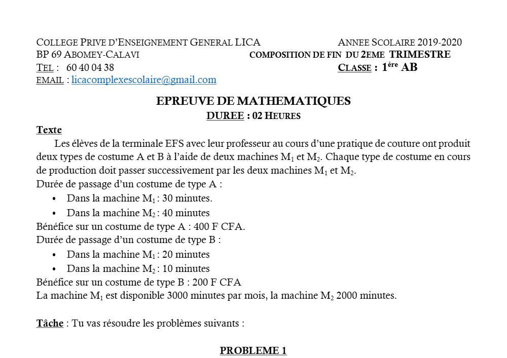 Aperçu de la première page — 1ère AB Mathématiques Composition Trimestre 2 CPEG Lica 2019 2020
