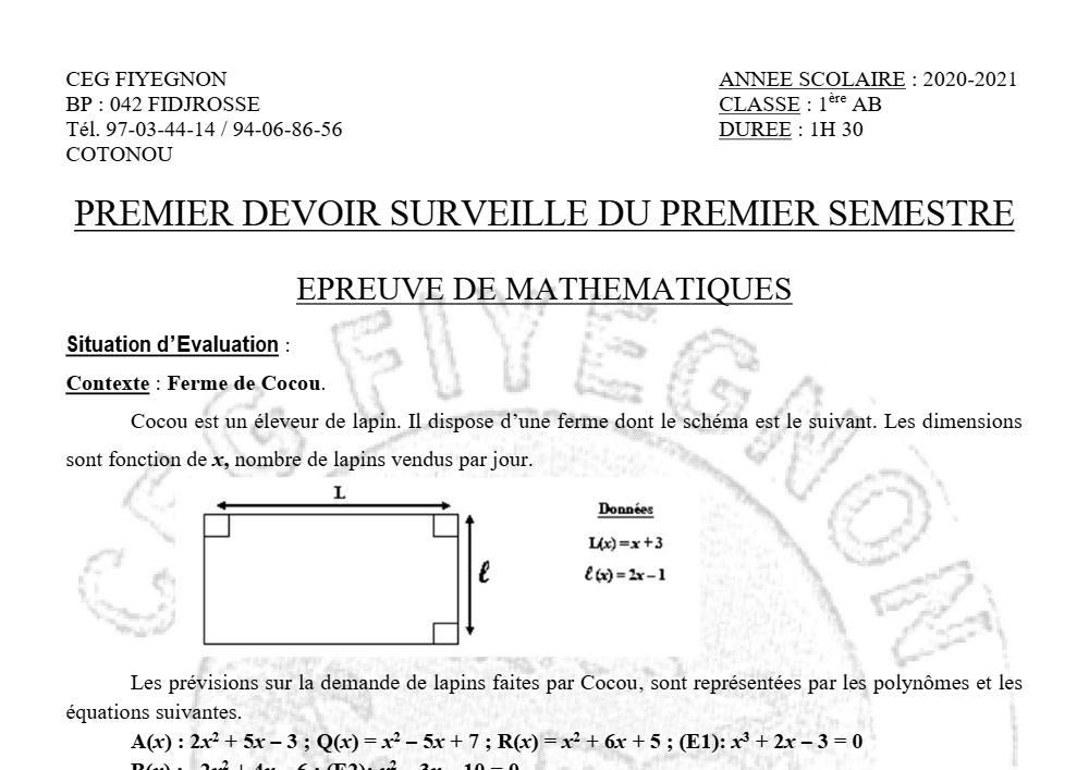 Aperçu de la première page — 1ère AB Mathématiques Devoir 1 Semestre 1 CEG Fiyegnon 2020 2021