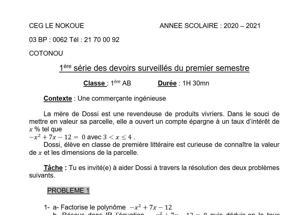 Aperçu de la première page — 1ère AB Mathématiques Devoir 1 Semestre 1 CEG Le Nokoué 2020 2021