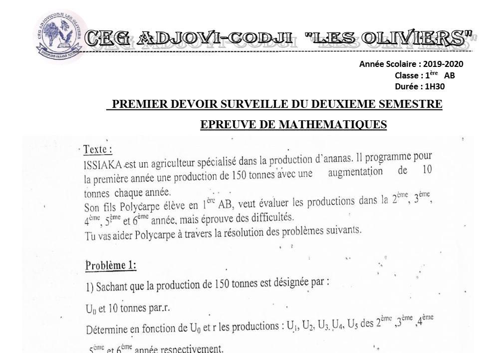 Aperçu de la première page — 1ère AB Mathématiques Devoir 1 Semestre 2 CEG Adjovi Codji 2019 2020