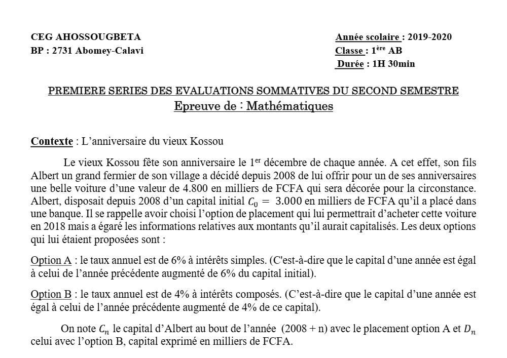 Aperçu de la première page — 1ère AB Mathématiques Devoir 1 Semestre 2 CEG Ahossougbéta 2019 2020