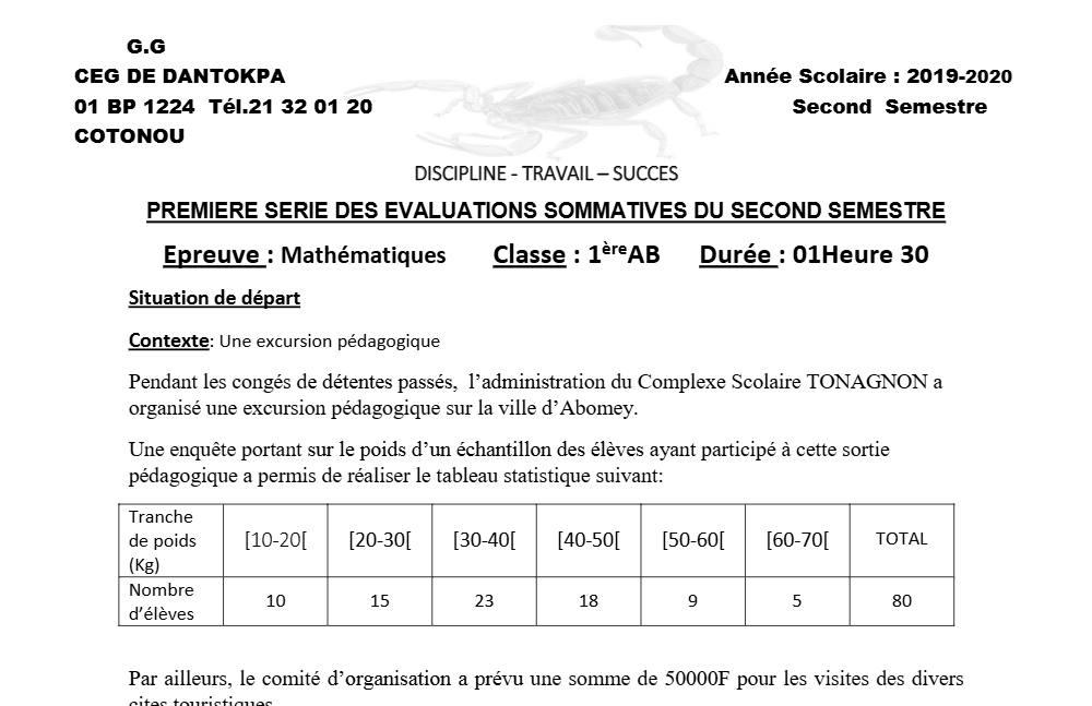Aperçu de la première page — 1ère AB Mathématiques Devoir 1 Semestre 2 CEG Dantokpa 2019 2020