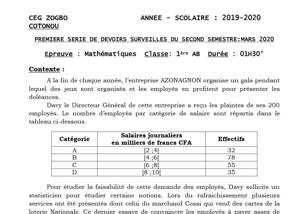 Aperçu de la première page — 1ère AB Mathématiques Devoir 1 Semestre 2 CEG Zogbo 2019 2020
