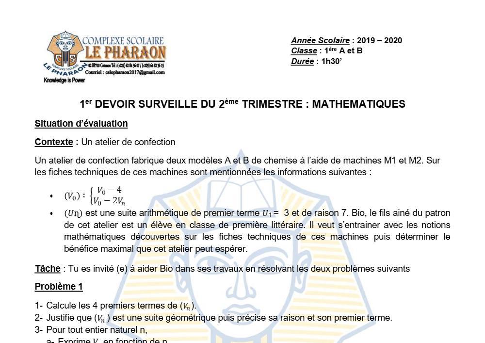 Aperçu de la première page — 1ère AB Mathématiques Devoir 1 Trimestre 2 CS Le Pharaon 2019 2020