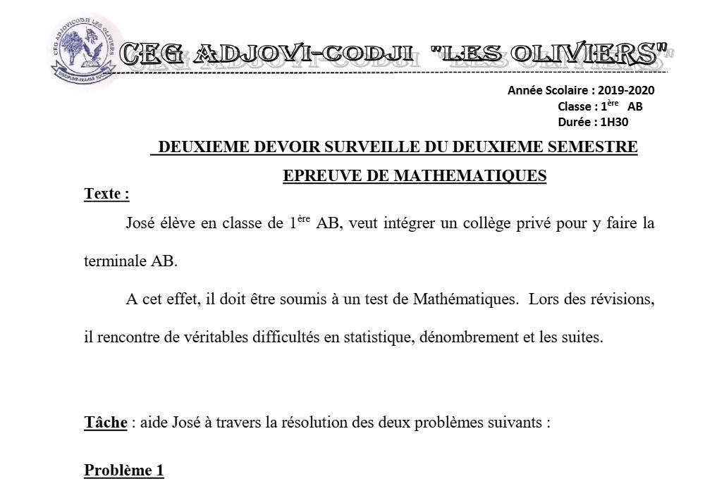 Aperçu de la première page — 1ère AB Mathématiques Devoir 2 Semestre 2 CEG Adjovi Codji 2019 2020