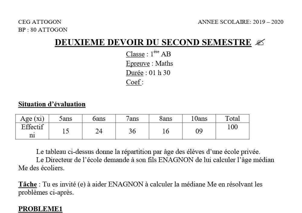 Aperçu de la première page — 1ère AB Mathématiques Devoir 2 Semestre 2 CEG Attogon 2019 2020
