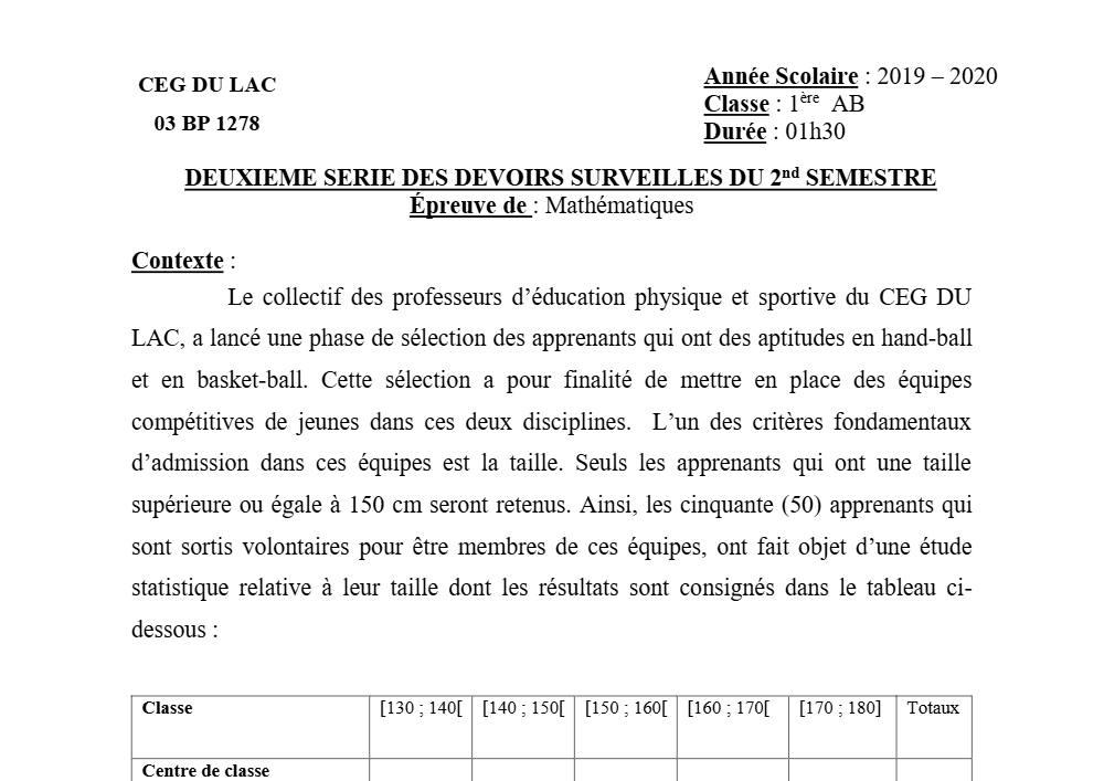 Aperçu de la première page — 1ère AB Mathématiques Devoir 2 Semestre 2 CEG du Lac 2019 2020