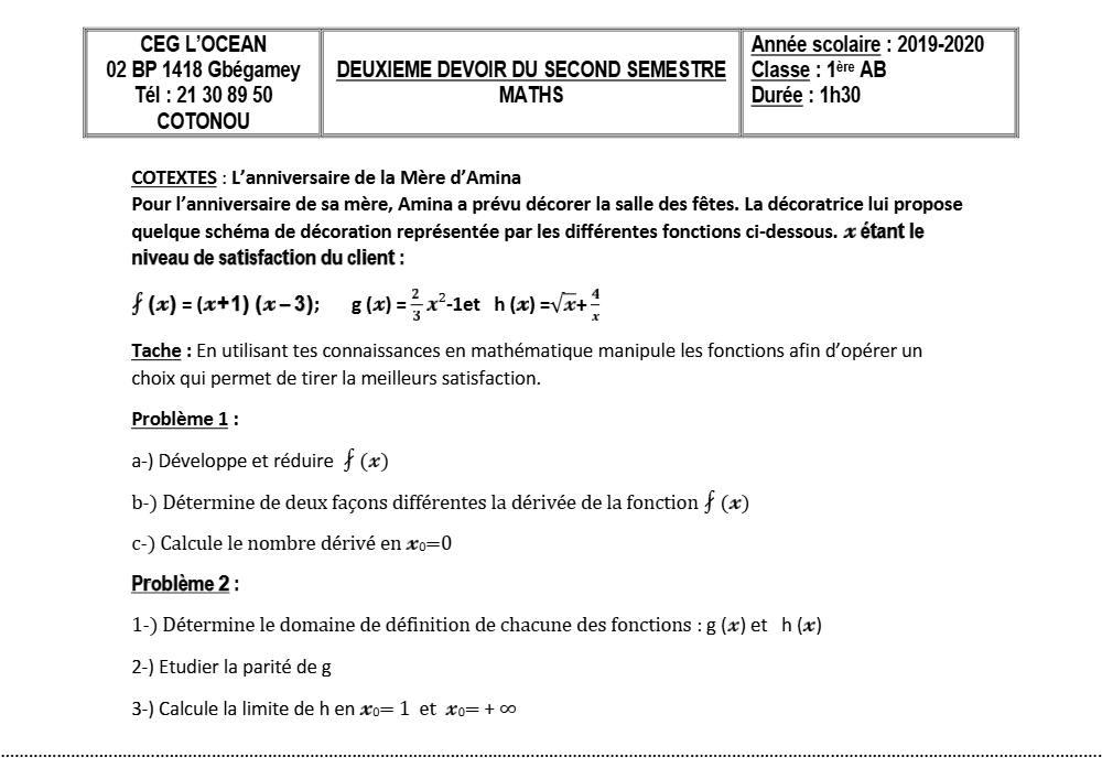 Aperçu de la première page — 1ère AB Mathématiques Devoir 2 Semestre 2 CEG L'Ocean 2019 2020