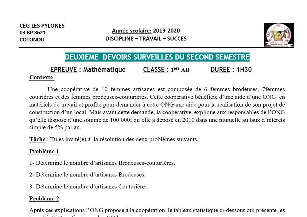 Aperçu de la première page — 1ère AB Mathématiques Devoir 2 Semestre 2 CEG Les Pylônes 2019 2020