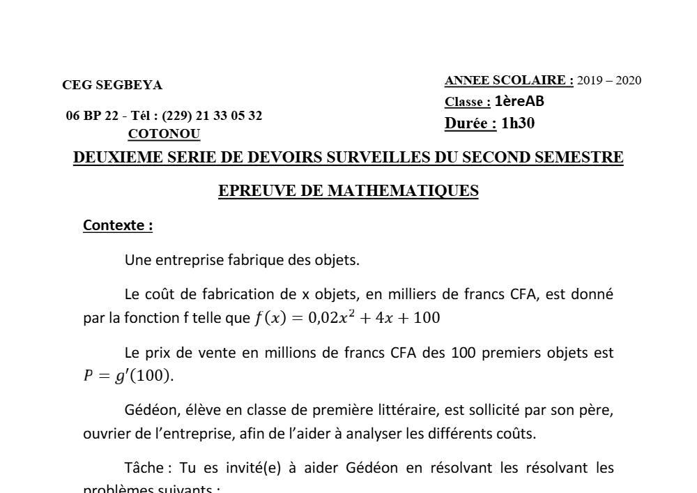 Aperçu de la première page — 1ère AB Mathématiques Devoir 2 Semestre 2 CEG Ségbéya 2019 2020