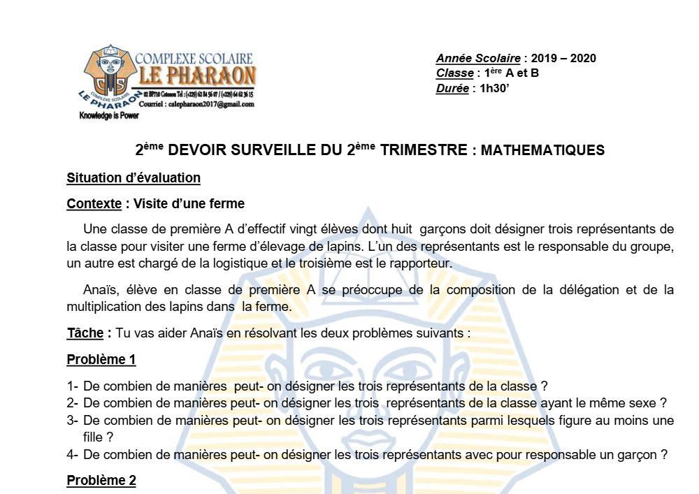 Aperçu de la première page — 1ère AB Mathématiques Devoir 2 Trimestre 2 CS Le Pharaon 2019 2020