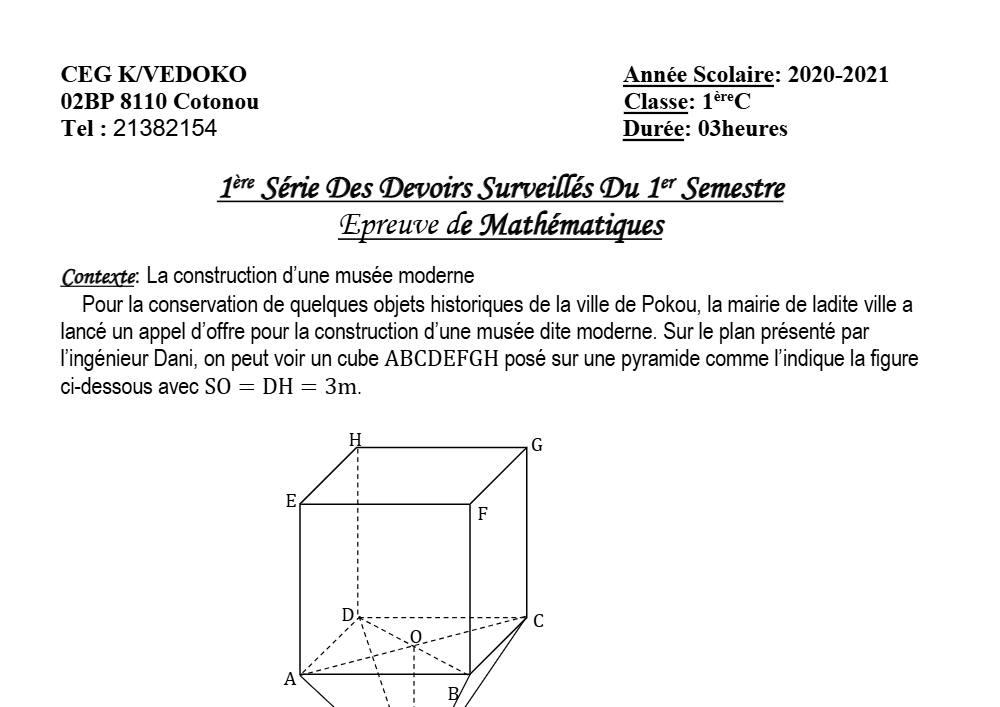 Aperçu de la première page — 1ère C Mathématiques Devoir 1 Semestre 1 CEG K Vedoko 2020 2021