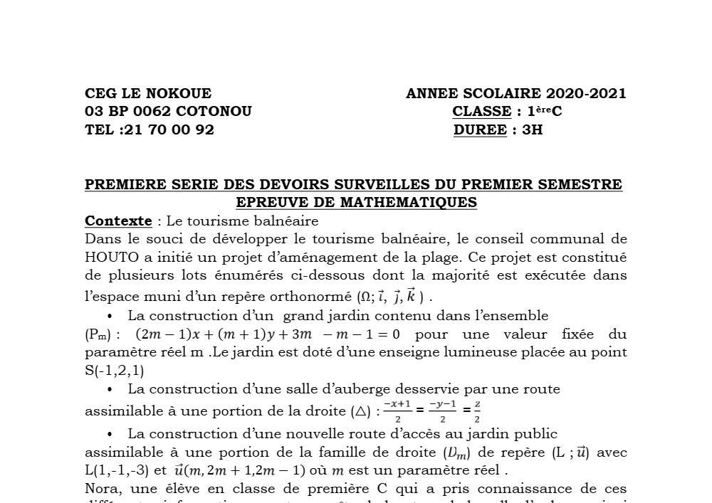 Aperçu de la première page — 1ère C Mathématiques Devoir 1 Semestre 1 CEG Le Nokoué 2020 2021