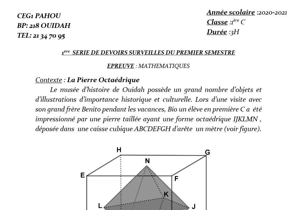 Aperçu de la première page — 1ère C Mathématiques Devoir 1 Semestre 1 CEG Pahou 2020 2021
