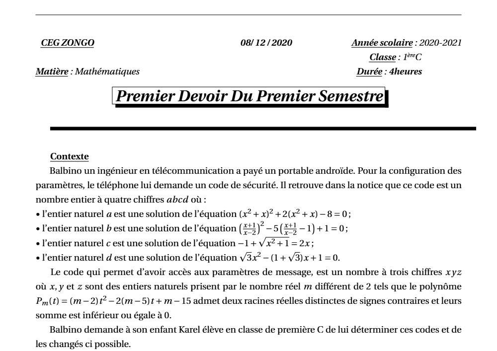 Aperçu de la première page — 1ère C Mathématiques Devoir 1 Semestre 1 CEG Zongo 2020 2021