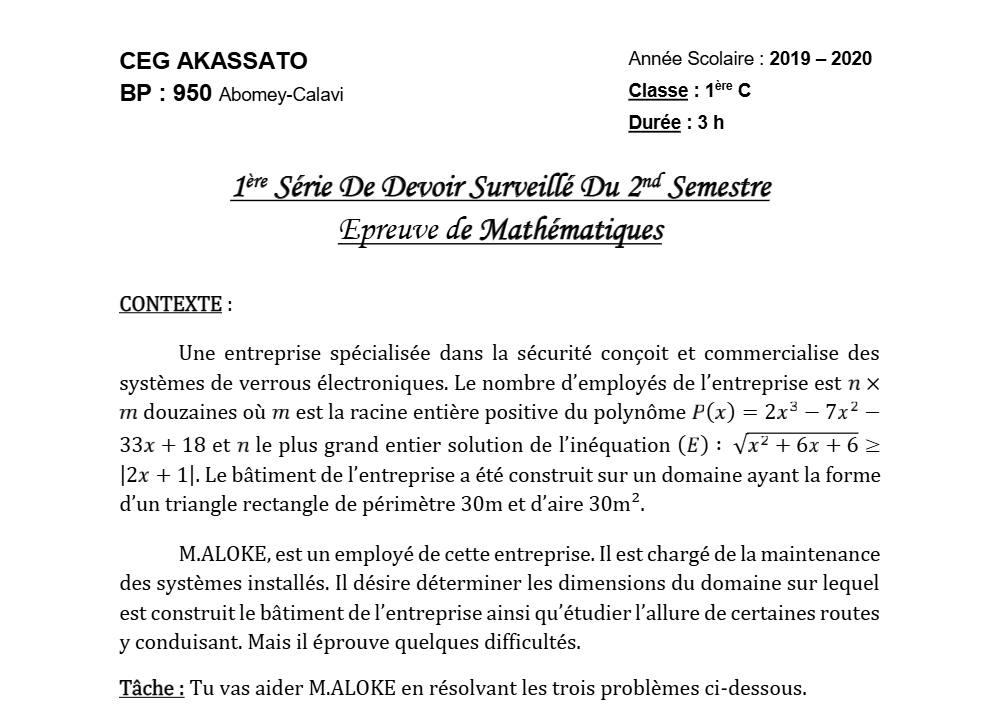 Aperçu de la première page — 1ère C Mathématiques Devoir 1 Semestre 2 CEG Akassato 2019 2020