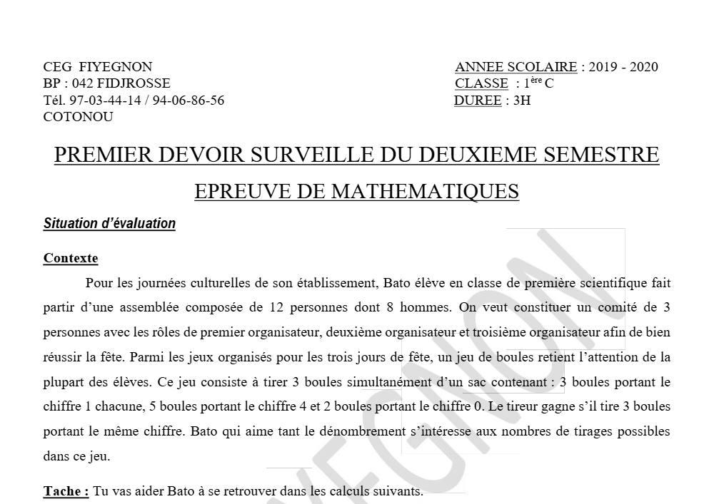 Aperçu de la première page — 1ère C Mathématiques Devoir 1 Semestre 2 CEG Fiyegnon 2019 2020