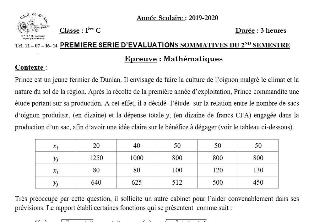 Aperçu de la première page — 1ère C Mathématiques Devoir 1 Semestre 2 CEG So Ava 2019 2020