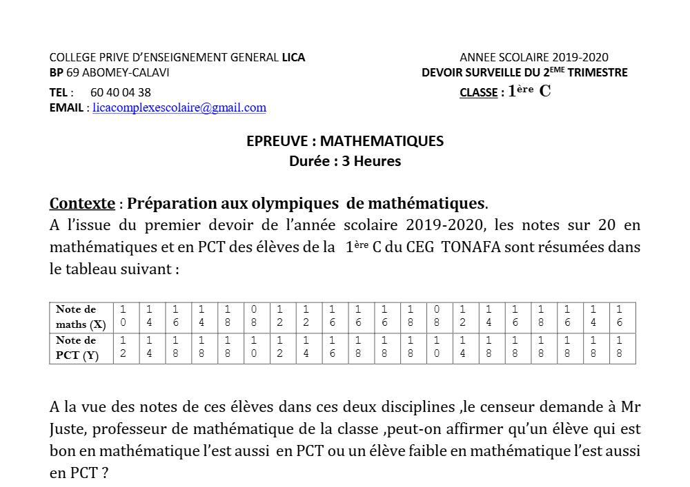 Aperçu de la première page — 1ère C Mathématiques Devoir 1 Trimestre 2 CPEG Lica 2019 2020