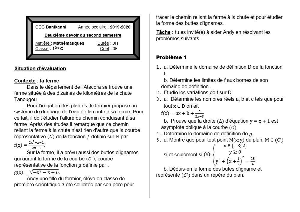 Aperçu de la première page — 1ère C Mathématiques Devoir 2 Semestre 2 CEG Banikanni 2019 2020
