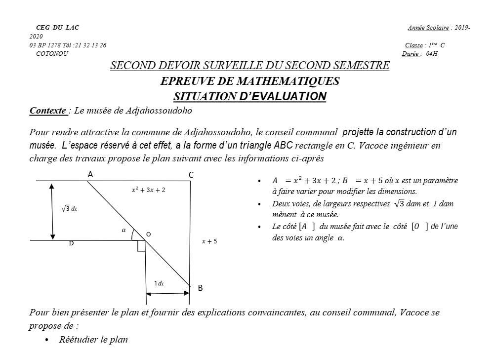 Aperçu de la première page — 1ère C Mathématiques Devoir 2 Semestre 2 CEG du Lac 2019 2020