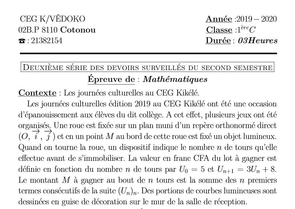 Aperçu de la première page — 1ère C Mathématiques Devoir 2 Semestre 2 CEG Kouhounou 2019 2020