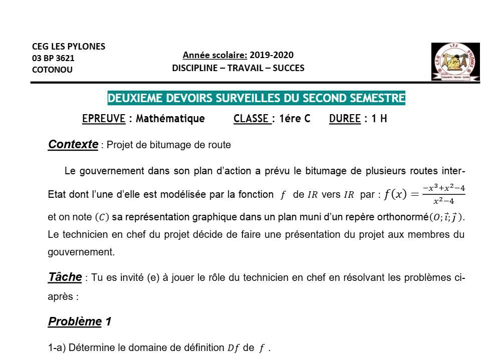 Aperçu de la première page — 1ère C Mathématiques Devoir 2 Semestre 2 CEG Les Pylônes 2019 2020