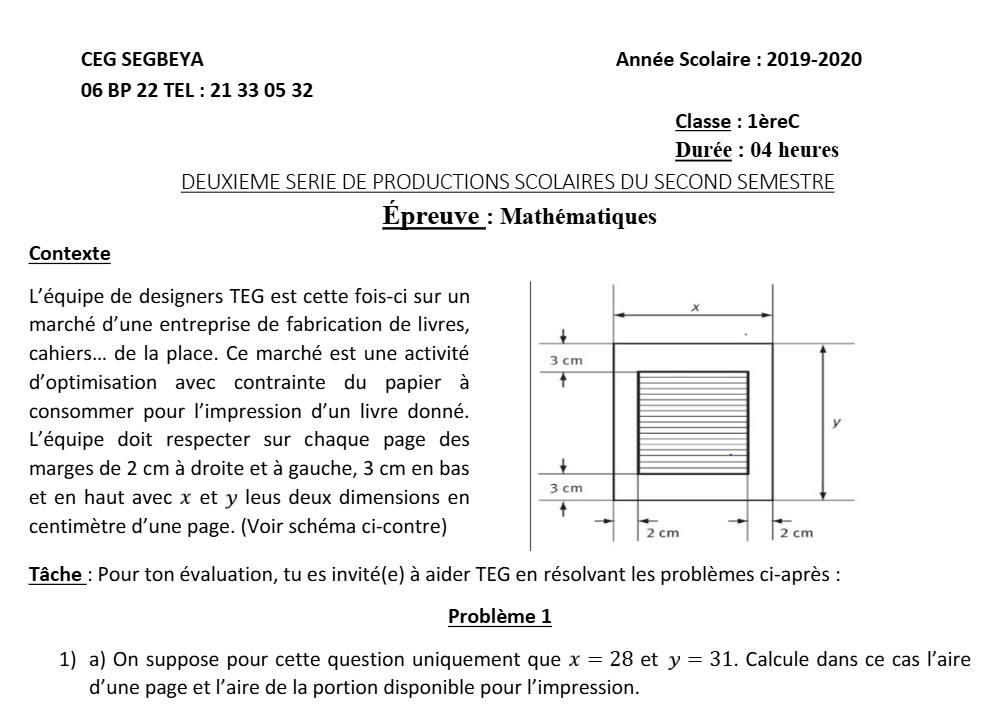 Aperçu de la première page — 1ère C Mathématiques Devoir 2 Semestre 2 CEG Ségbéya 2019 2020