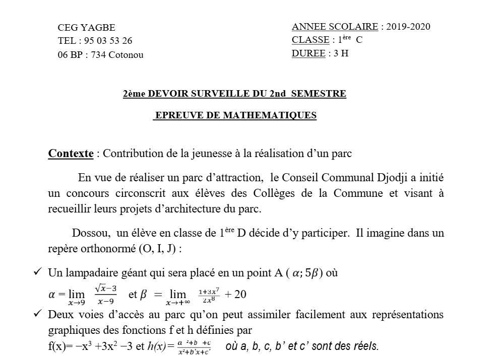 Aperçu de la première page — 1ère C Mathématiques Devoir 2 Semestre 2 CEG Yagbe 2019 2020