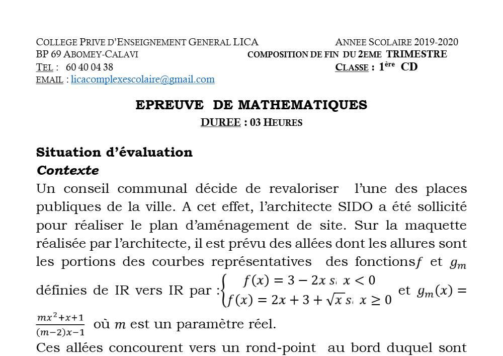Aperçu de la première page — 1ère CD Mathématiques Composition Trimestre 2 Cepg Lica 2019 2020