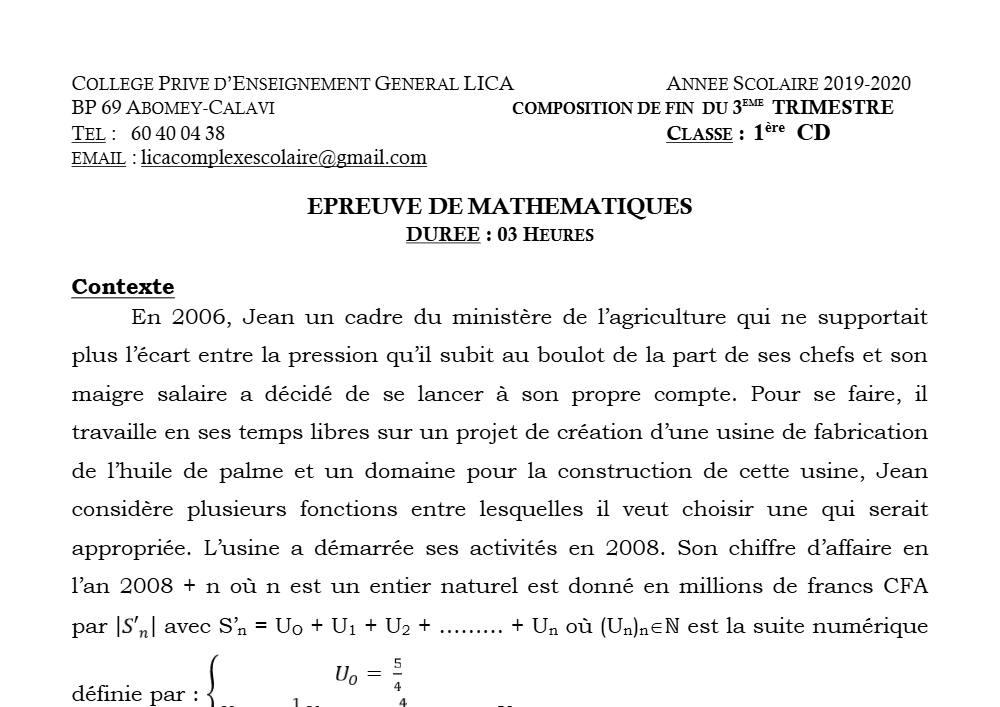 Aperçu de la première page — 1ère CD Mathématiques Devoir 1 Trimestre 3 CPEG Lica 2019 2020