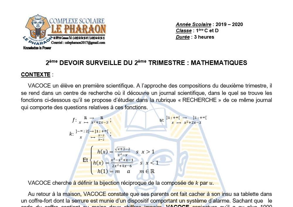 Aperçu de la première page — 1ère CD Mathématiques Devoir 2 Trimestre 2 CS Le Pharaon 2019 2020