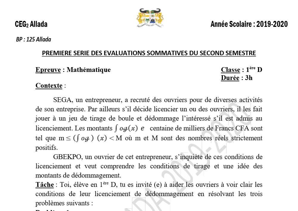 Aperçu de la première page — 1ère D Mathématiques Devoir 1 Semestre 2 CEG2 Allada 2019 2020