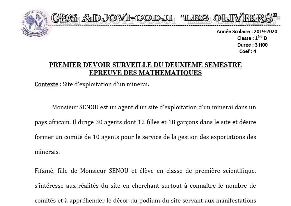 Aperçu de la première page — 1ère D Mathématiques Devoir 1 Semestre 2 CEG Adjovi Codji 2019 2020