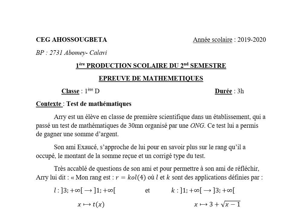 Aperçu de la première page — 1ère D Mathématiques Devoir 1 Semestre 2 CEG Ahossougbéta 2019 2020